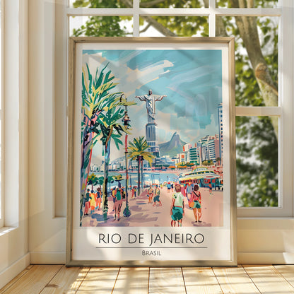 Rio de Janeiro Poster, Brasil Artwork, Colourful Beach Scene, Urban Wall Art, Christ the Redeemer