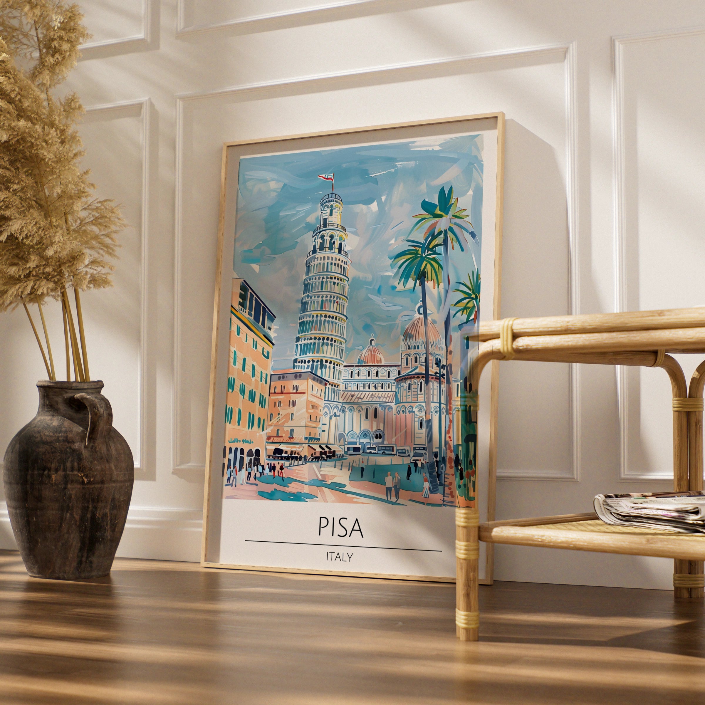 Pisa Tower Art Print, Italy Decor, Colourful Travel Poster, Italian Architecture Wall Art, Vintage