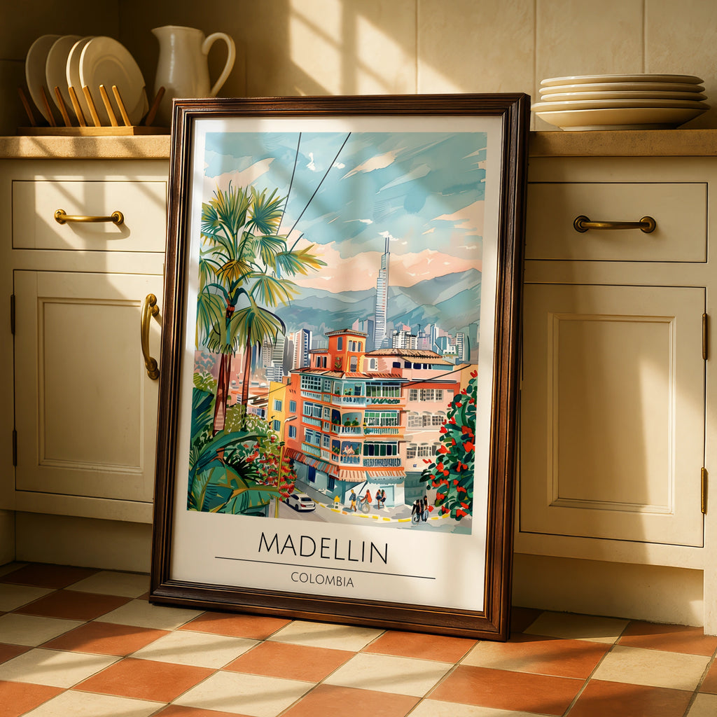 Vibrant Medellin Colombia Art Print, Colourful Cityscape Wall Decor, Tropical Style, Urban