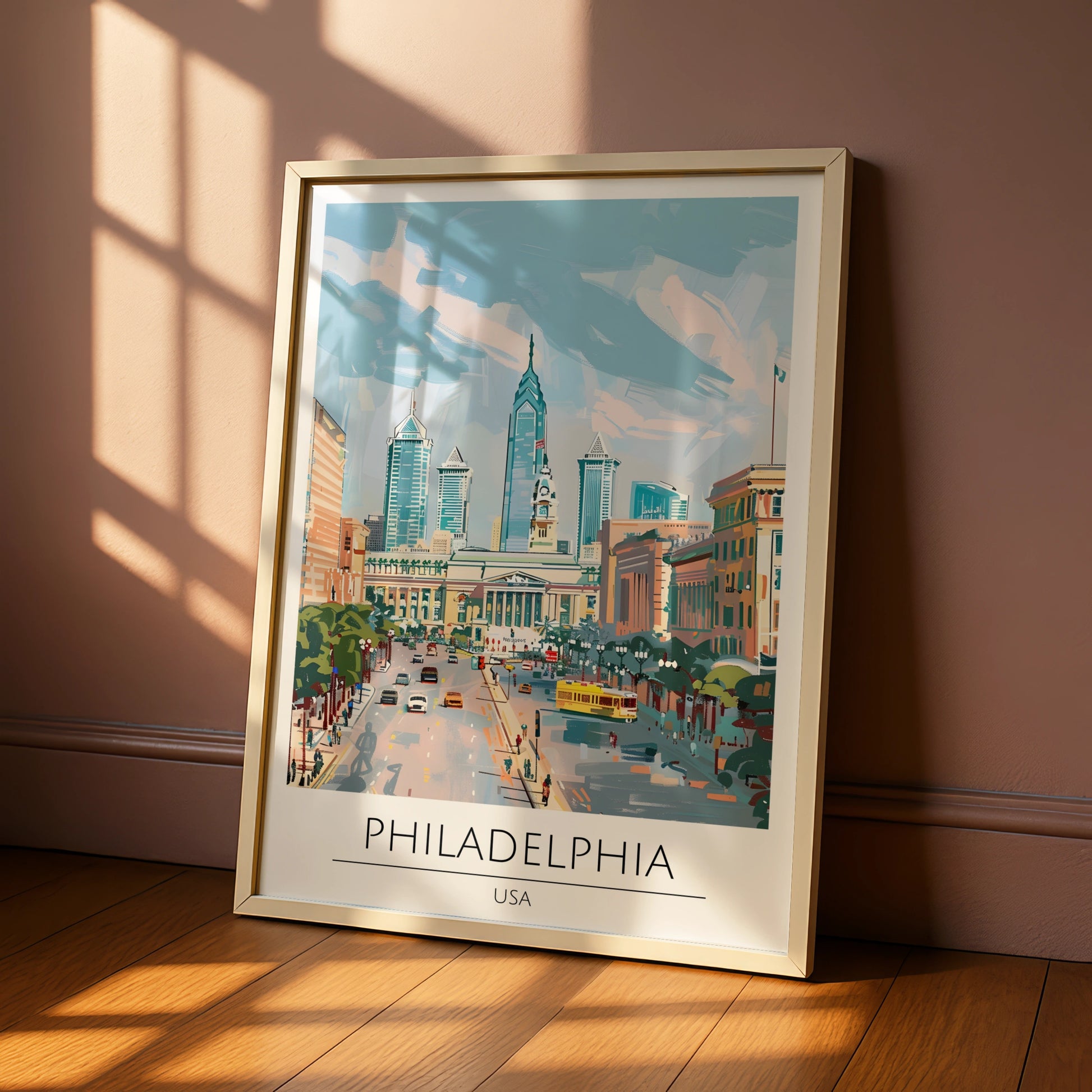 Philadelphia Cityscape Poster, USA Urban Art, Colourful Modern Print, Travel Wall Decor, Skyline Art