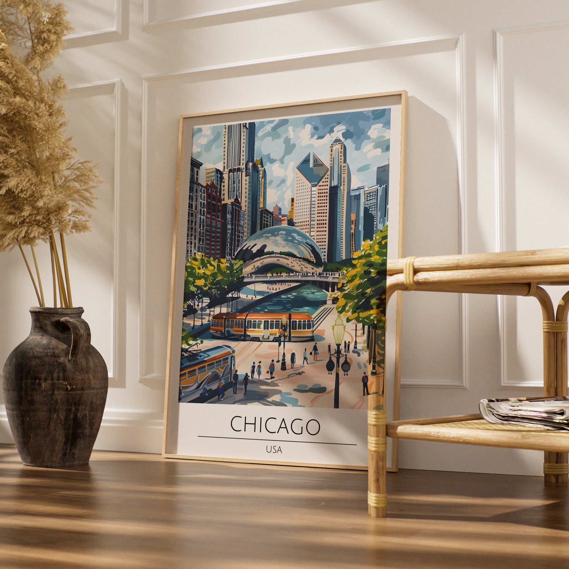 Chicago Cityscape Art Print, Maximalist Architectural Poster, Urban Wall Decor, Iconic Bean