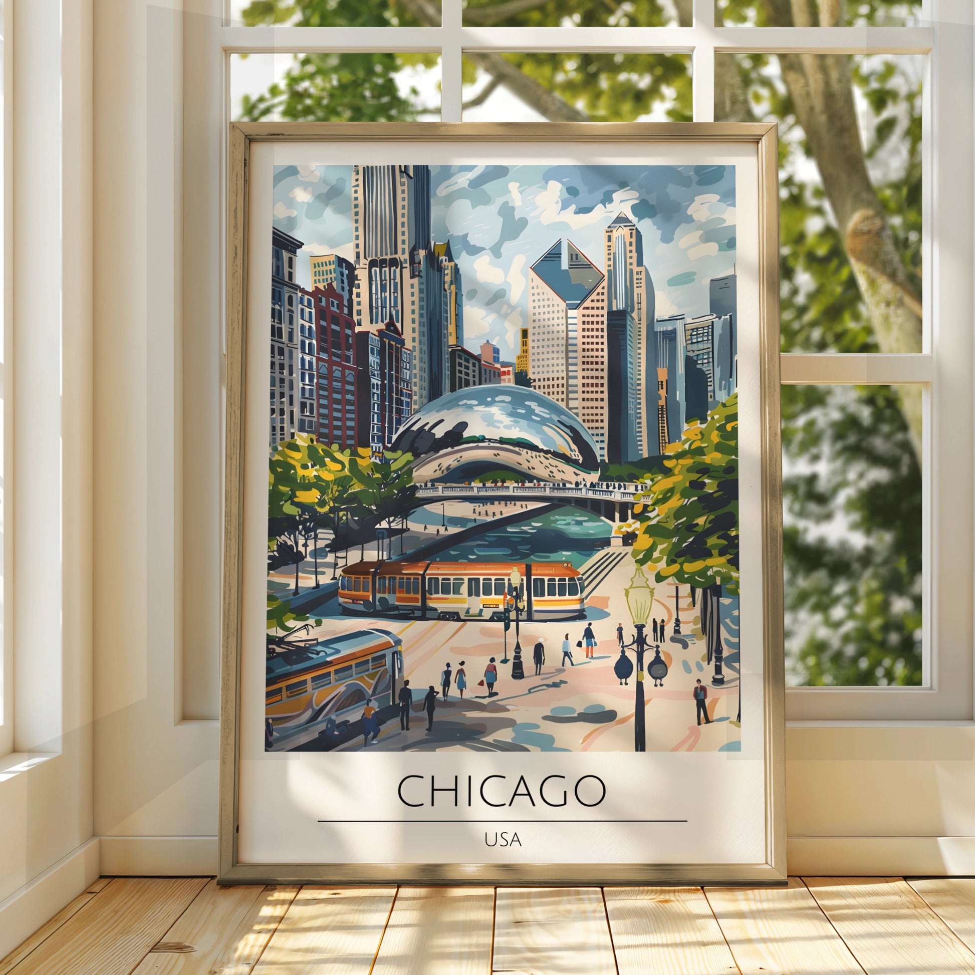 Chicago Cityscape Art Print, Maximalist Architectural Poster, Urban Wall Decor, Iconic Bean