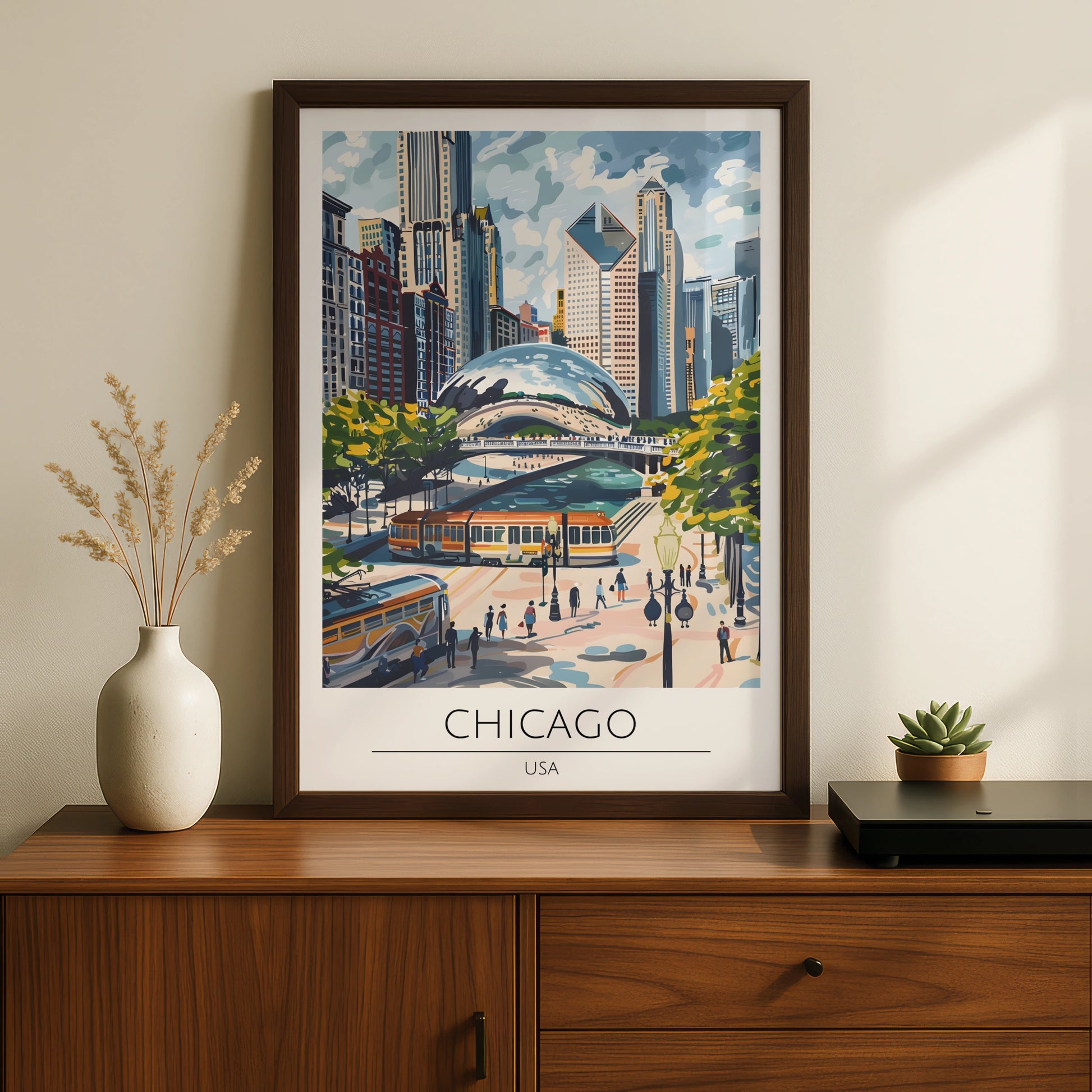Chicago Cityscape Art Print, Maximalist Architectural Poster, Urban Wall Decor, Iconic Bean