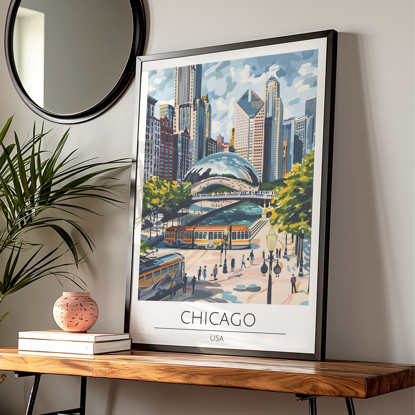 Chicago Cityscape Art Print, Maximalist Architectural Poster, Urban Wall Decor, Iconic Bean