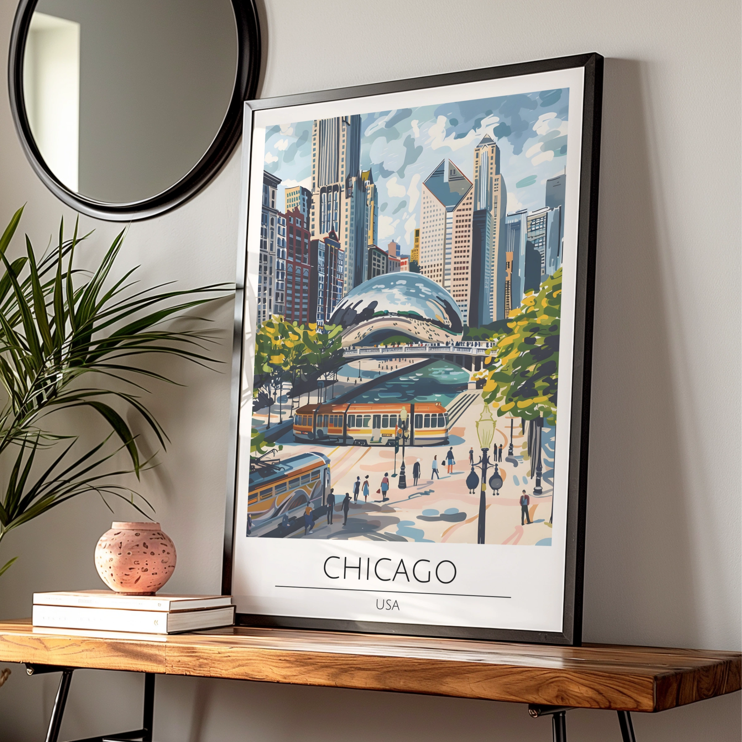 Chicago Cityscape Art Print, Maximalist Architectural Poster, Urban Wall Decor, Iconic Bean