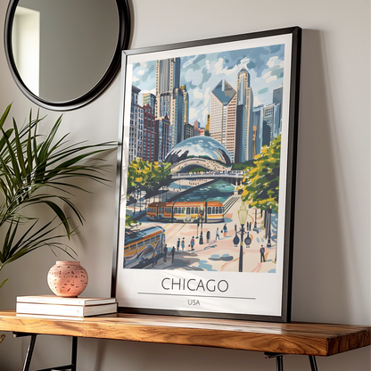 Chicago Cityscape Art Print, Maximalist Architectural Poster, Urban Wall Decor, Iconic Bean