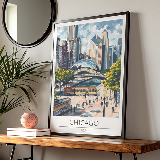Chicago Cityscape Art Print, Maximalist Architectural Poster, Urban Wall Decor, Iconic Bean