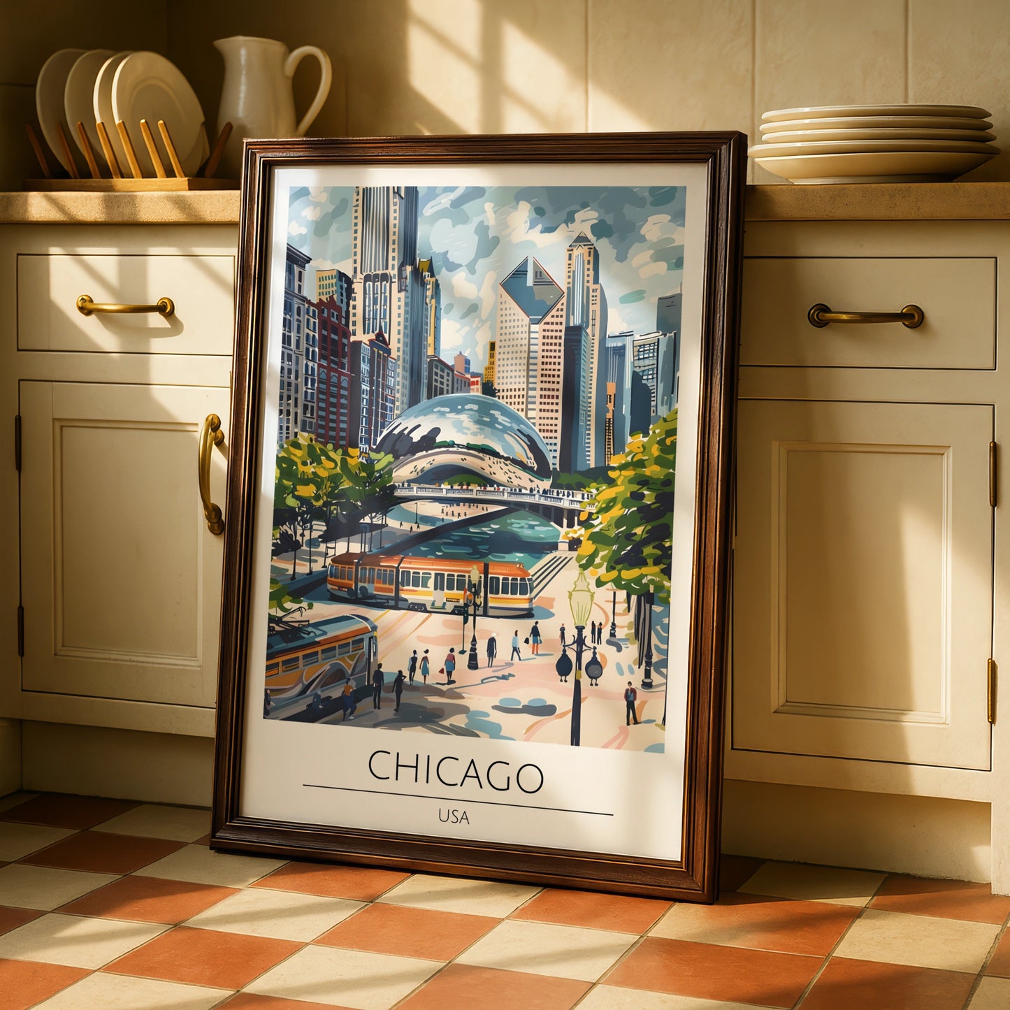 Chicago Cityscape Art Print, Maximalist Architectural Poster, Urban Wall Decor, Iconic Bean