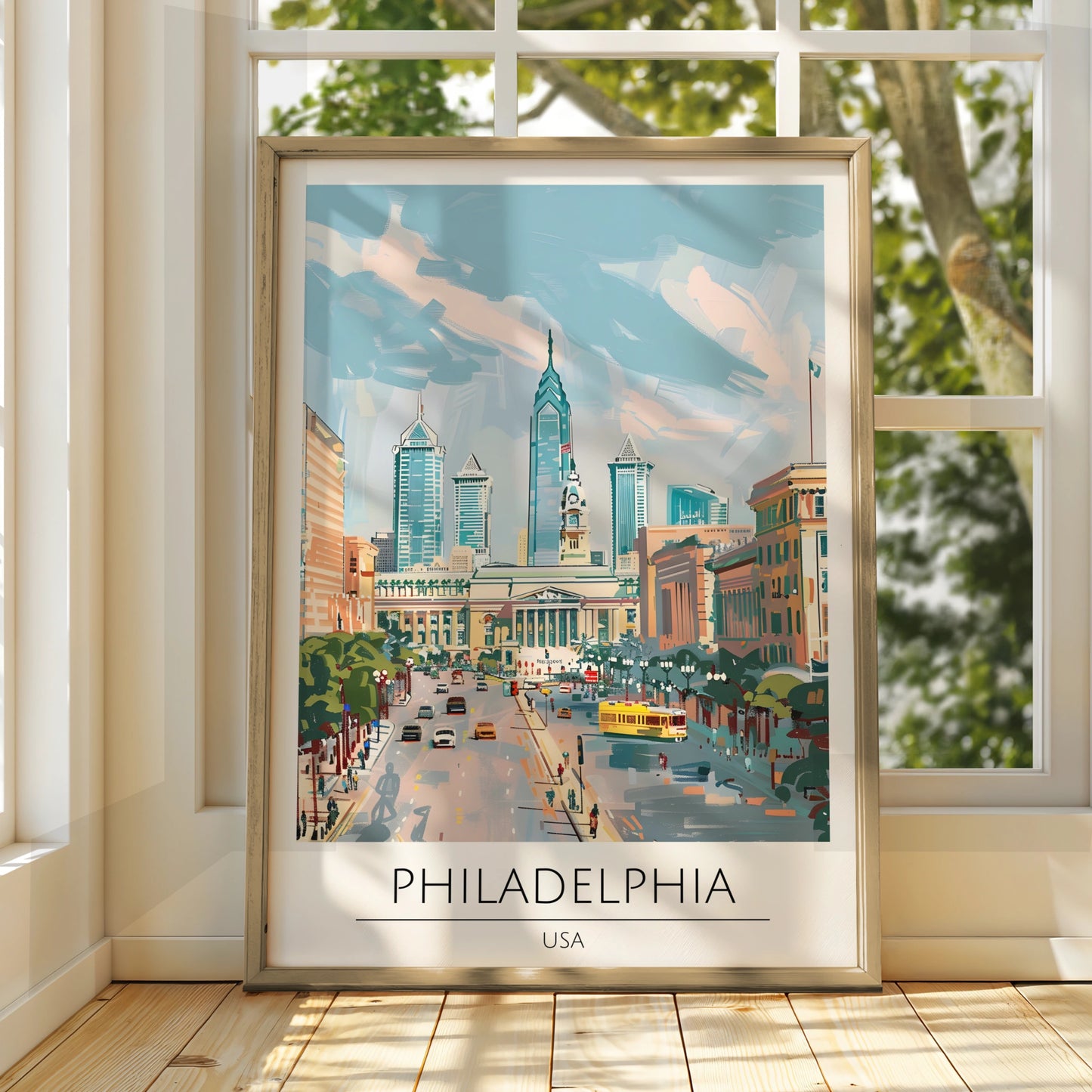 Philadelphia Cityscape Poster, USA Urban Art, Colourful Modern Print, Travel Wall Decor, Skyline Art