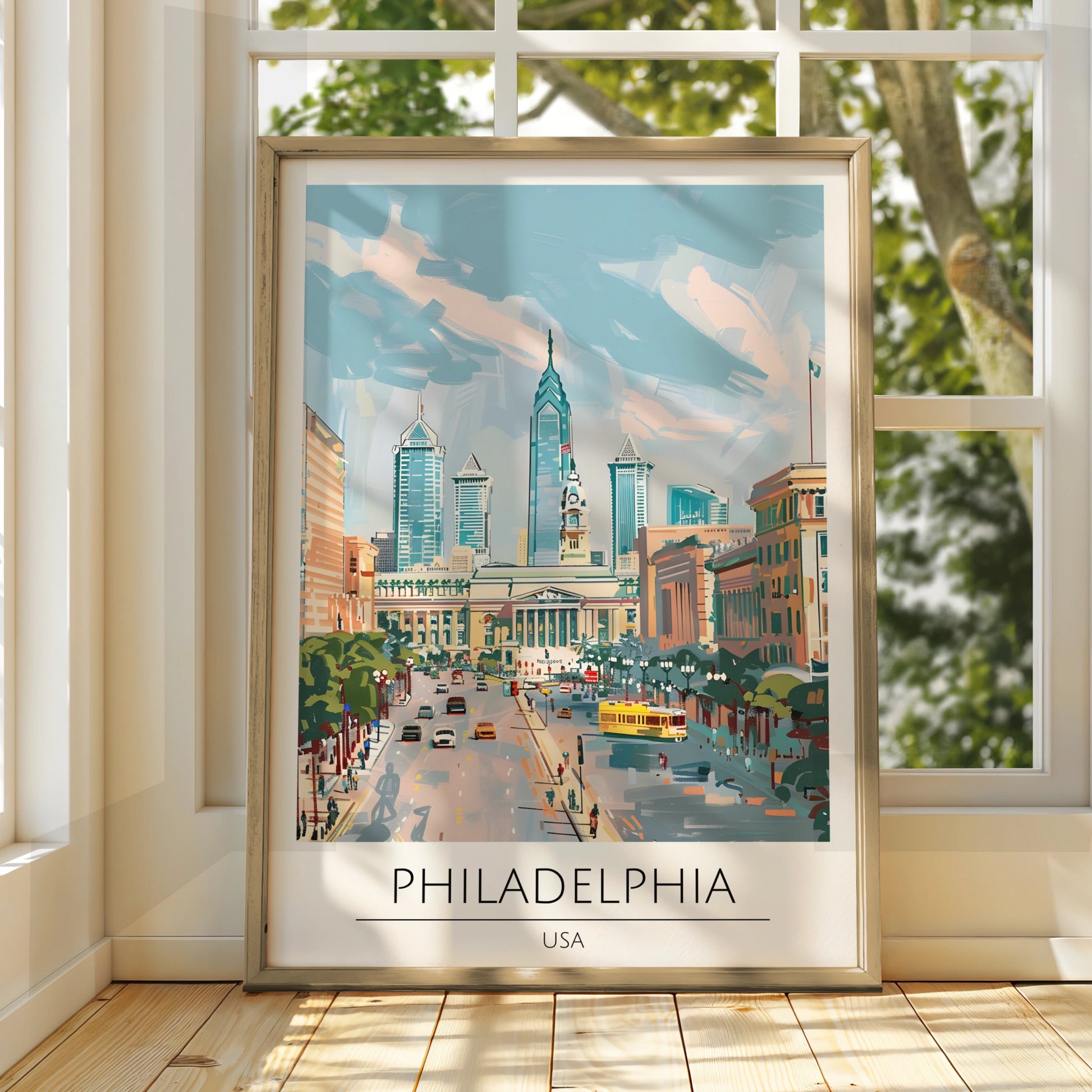 Philadelphia Cityscape Poster, USA Urban Art, Colourful Modern Print, Travel Wall Decor, Skyline Art