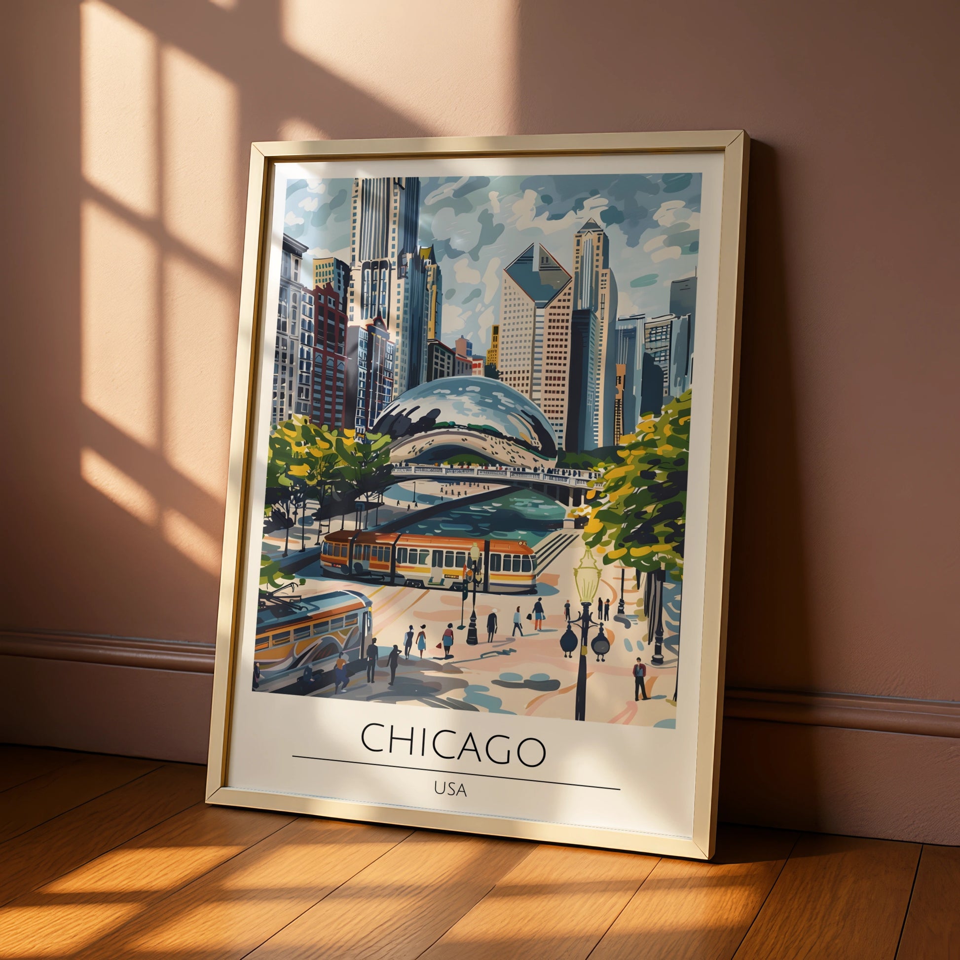 Chicago Cityscape Art Print, Maximalist Architectural Poster, Urban Wall Decor, Iconic Bean