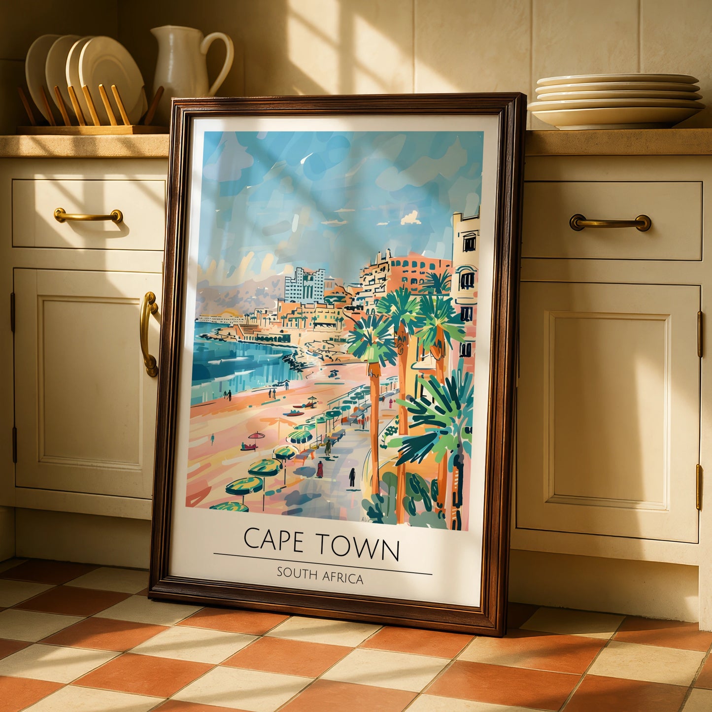 Cape Town Poster, South Africa Wall Art, Coastal Landscape Print, Colourful Beach Scene, Maximalist