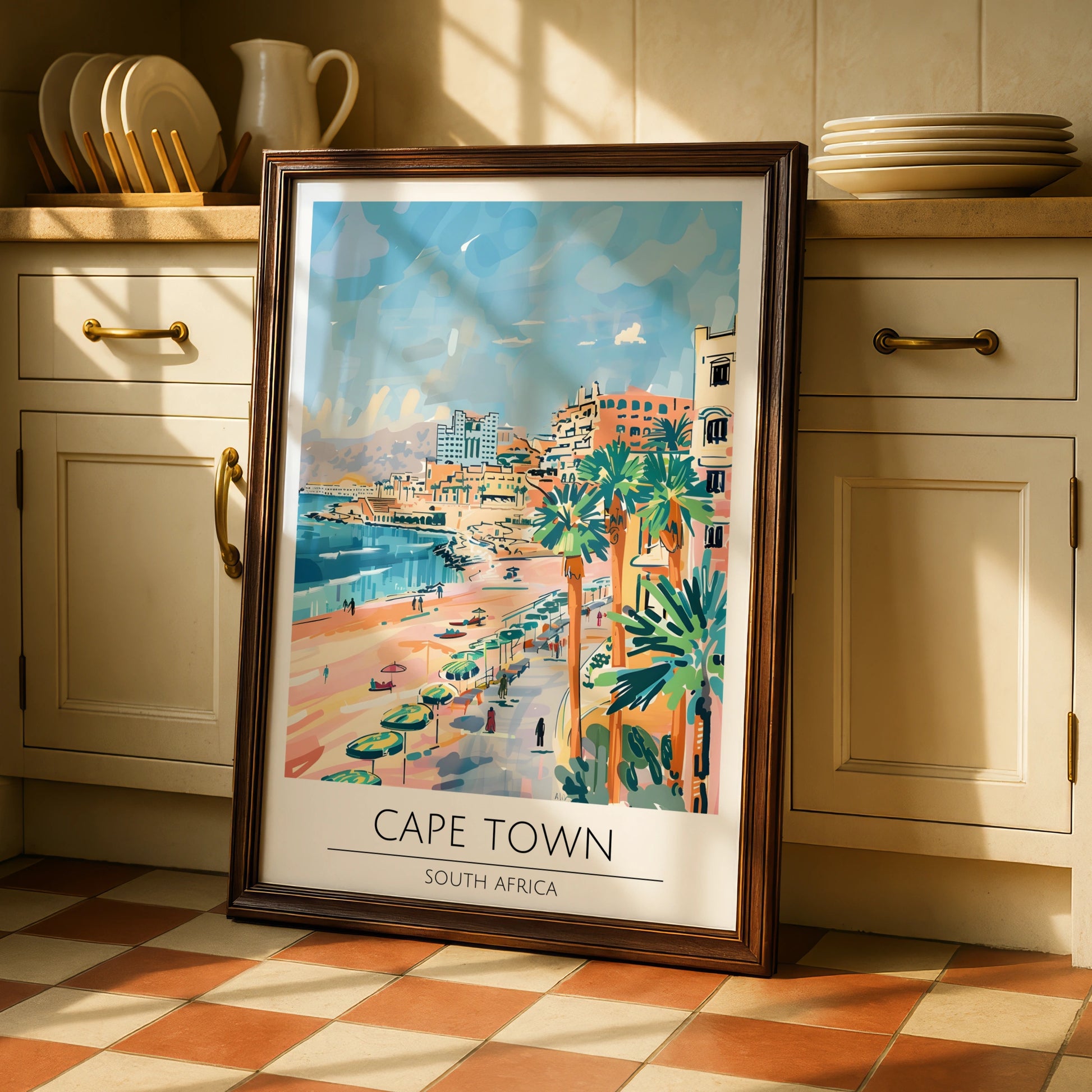 Cape Town Poster, South Africa Wall Art, Coastal Landscape Print, Colourful Beach Scene, Maximalist