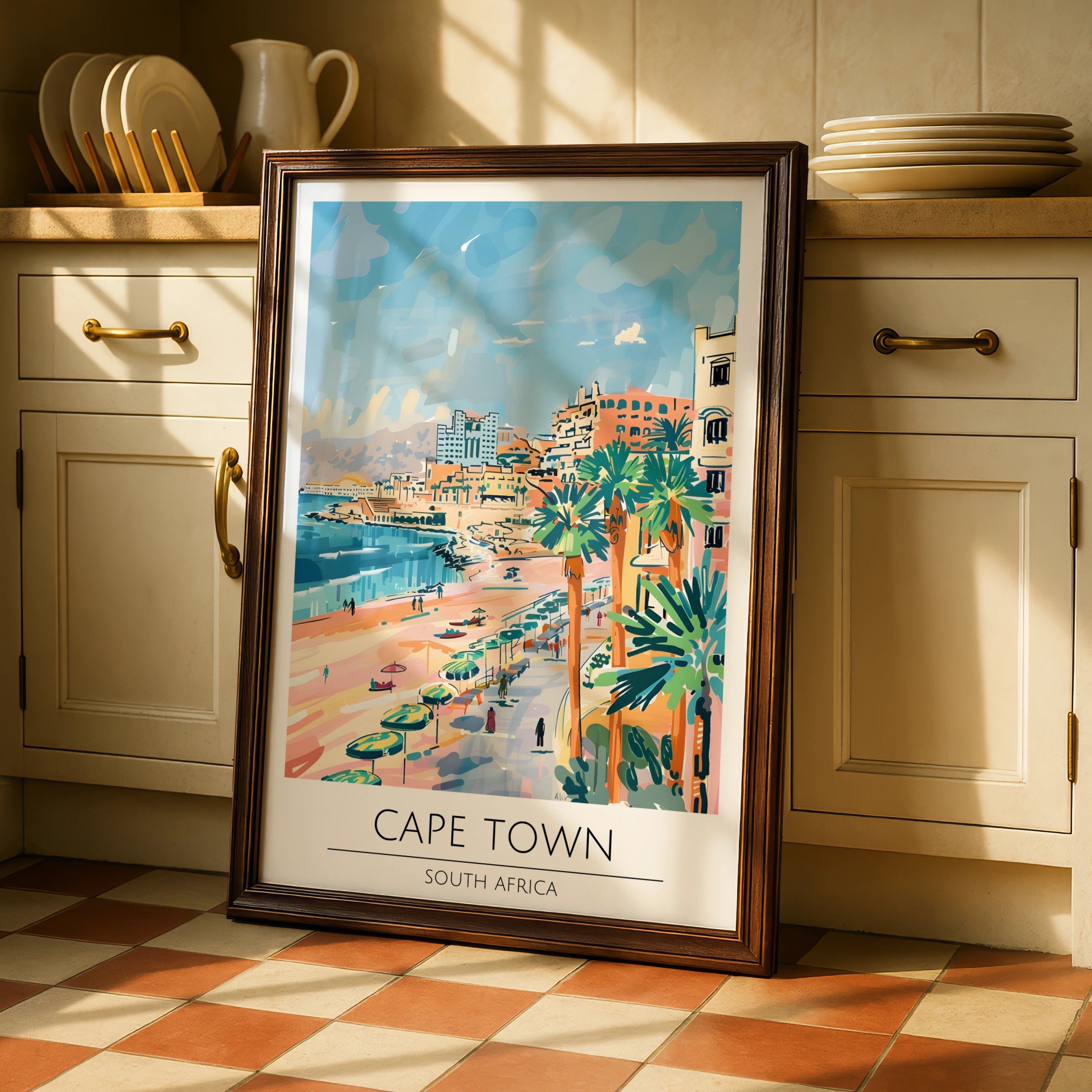 Cape Town Poster, South Africa Wall Art, Coastal Landscape Print, Colourful Beach Scene, Maximalist