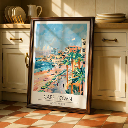 Cape Town Poster, South Africa Wall Art, Coastal Landscape Print, Colourful Beach Scene, Maximalist