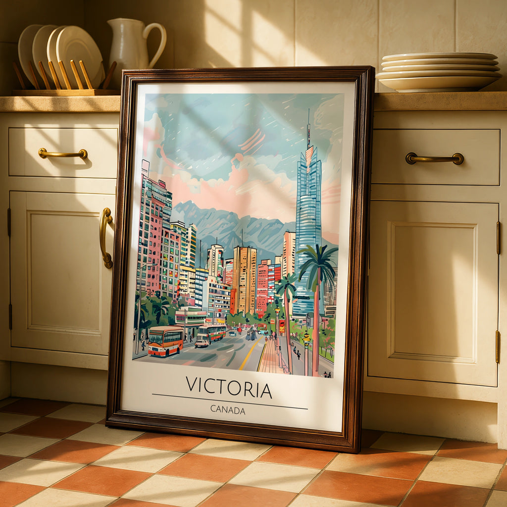 Victoria Canada Cityscape Poster, Urban Wall Art, Colourful Street Scene, Travel Decor