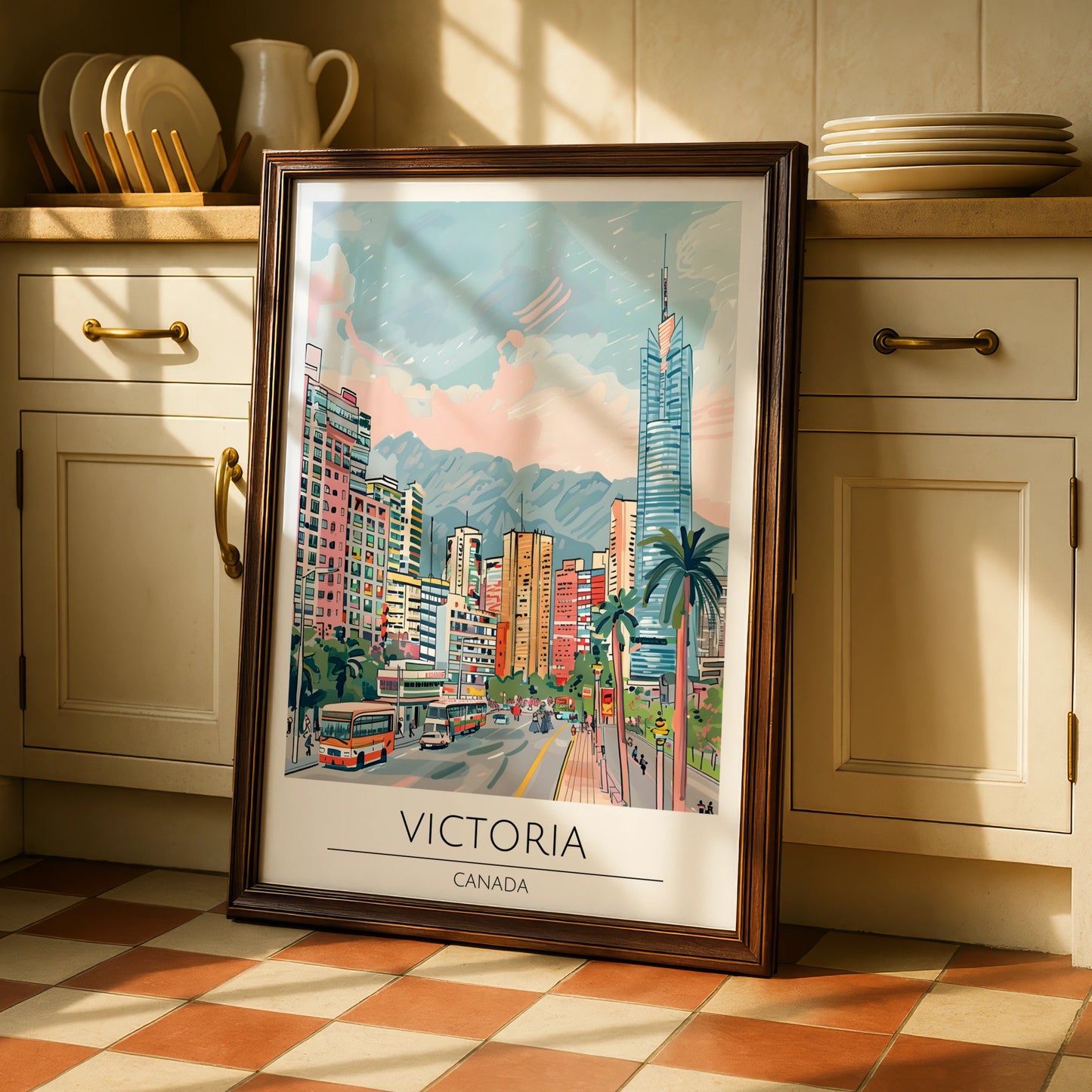 Victoria Canada Cityscape Poster, Urban Wall Art, Colourful Street Scene, Travel Decor
