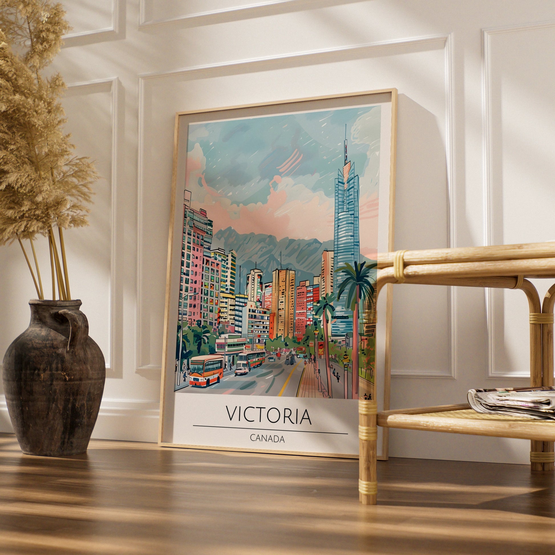 Victoria Canada Cityscape Poster, Urban Wall Art, Colourful Street Scene, Travel Decor