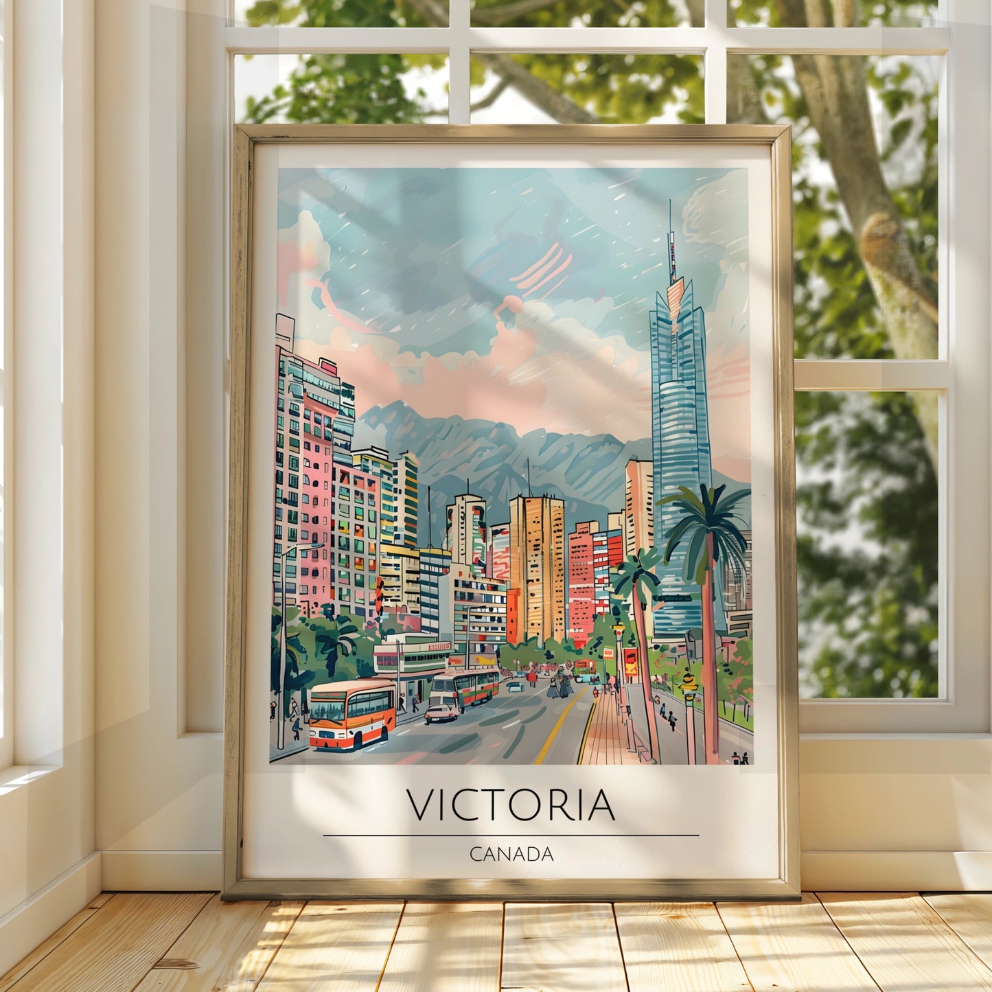 Victoria Canada Cityscape Poster, Urban Wall Art, Colourful Street Scene, Travel Decor