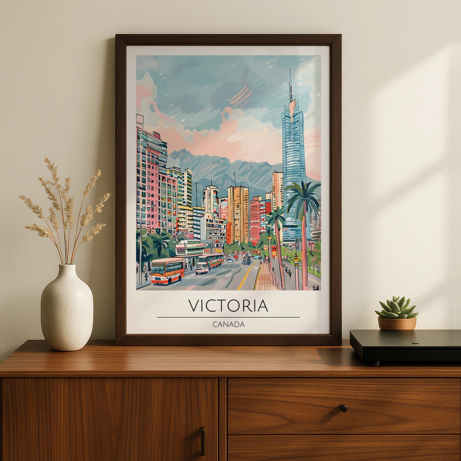 Victoria Canada Cityscape Poster, Urban Wall Art, Colourful Street Scene, Travel Decor