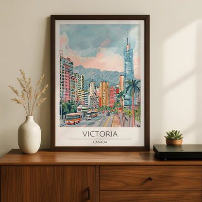 Victoria Canada Cityscape Poster, Urban Wall Art, Colourful Street Scene, Travel Decor