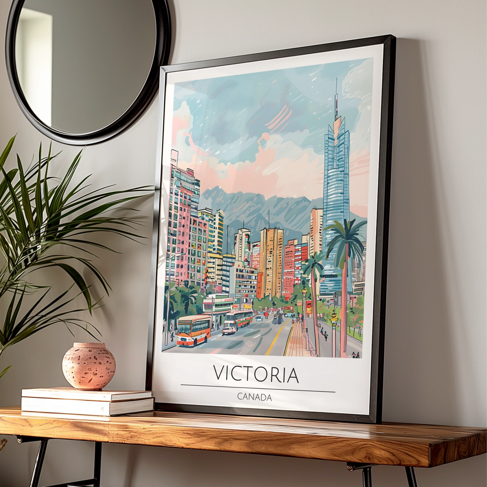 Victoria Canada Cityscape Poster, Urban Wall Art, Colourful Street Scene, Travel Decor