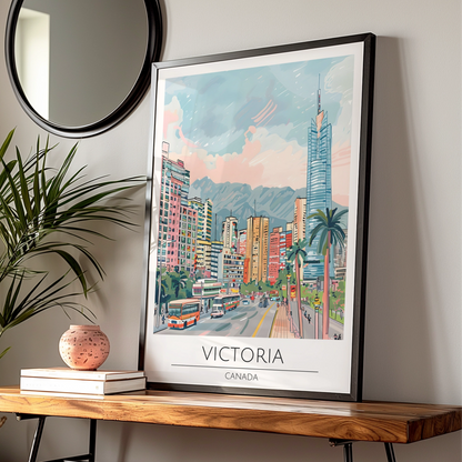 Victoria Canada Cityscape Poster, Urban Wall Art, Colourful Street Scene, Travel Decor