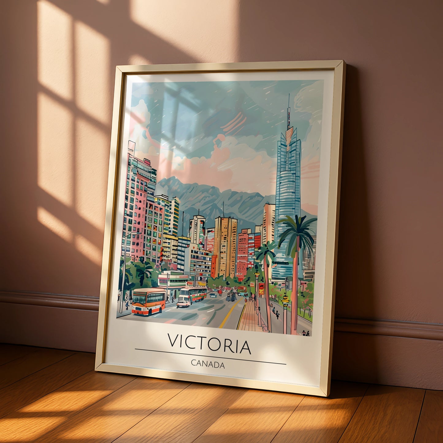 Victoria Canada Cityscape Poster, Urban Wall Art, Colourful Street Scene, Travel Decor