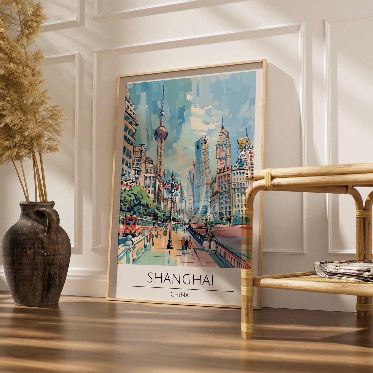 Shanghai Cityscape Poster, Vintage Travel Art, Colourful Urban Wall Art, Scenic Landscape Print