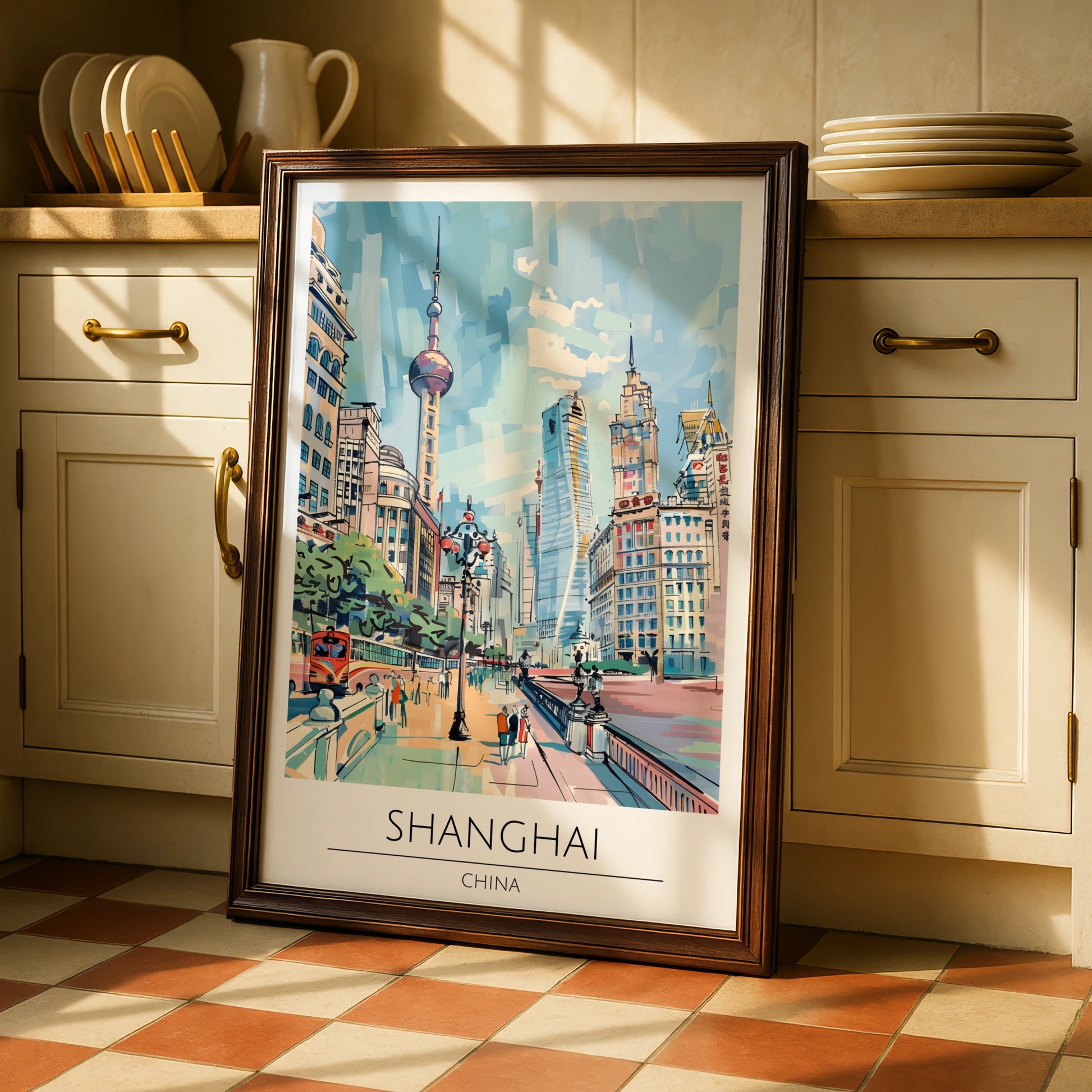 Shanghai Cityscape Poster, Vintage Travel Art, Colourful Urban Wall Art, Scenic Landscape Print