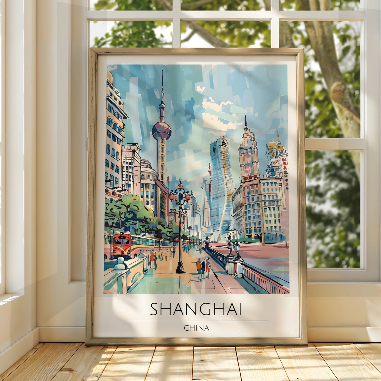 Shanghai Cityscape Poster, Vintage Travel Art, Colourful Urban Wall Art, Scenic Landscape Print