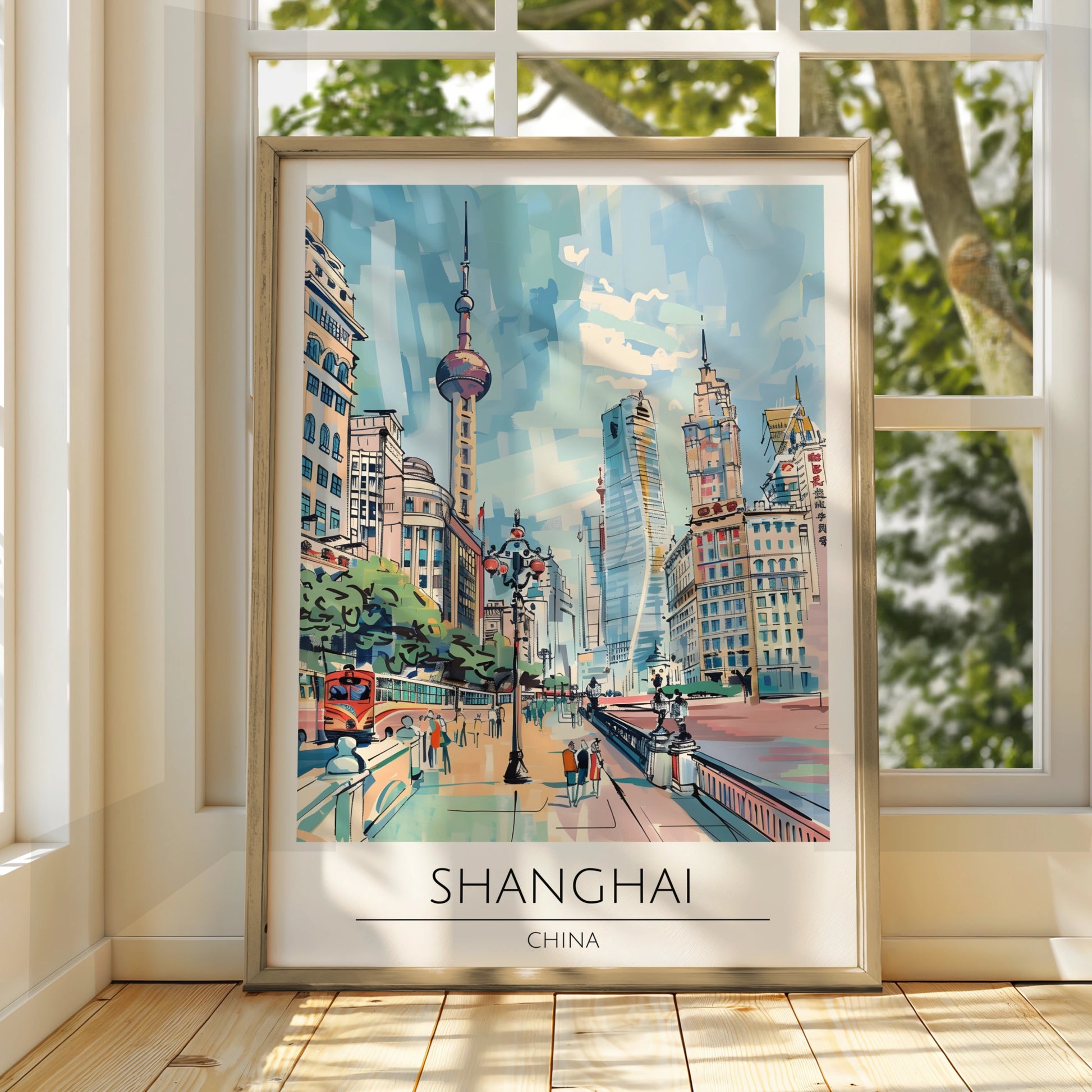 Shanghai Cityscape Poster, Vintage Travel Art, Colourful Urban Wall Art, Scenic Landscape Print