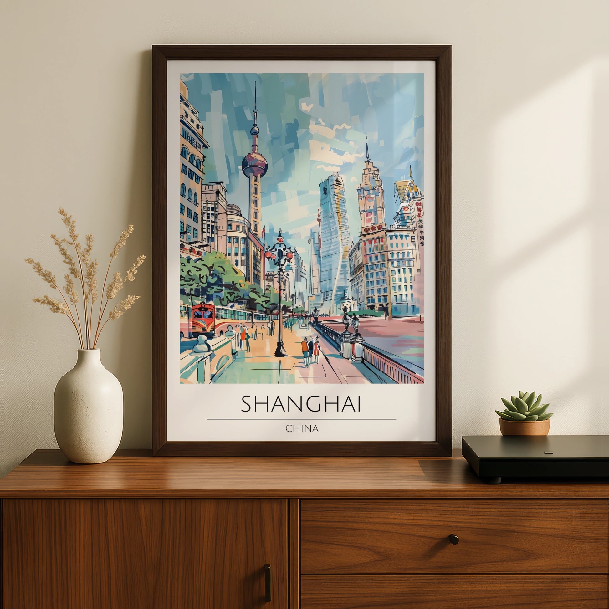 Shanghai Cityscape Poster, Vintage Travel Art, Colourful Urban Wall Art, Scenic Landscape Print