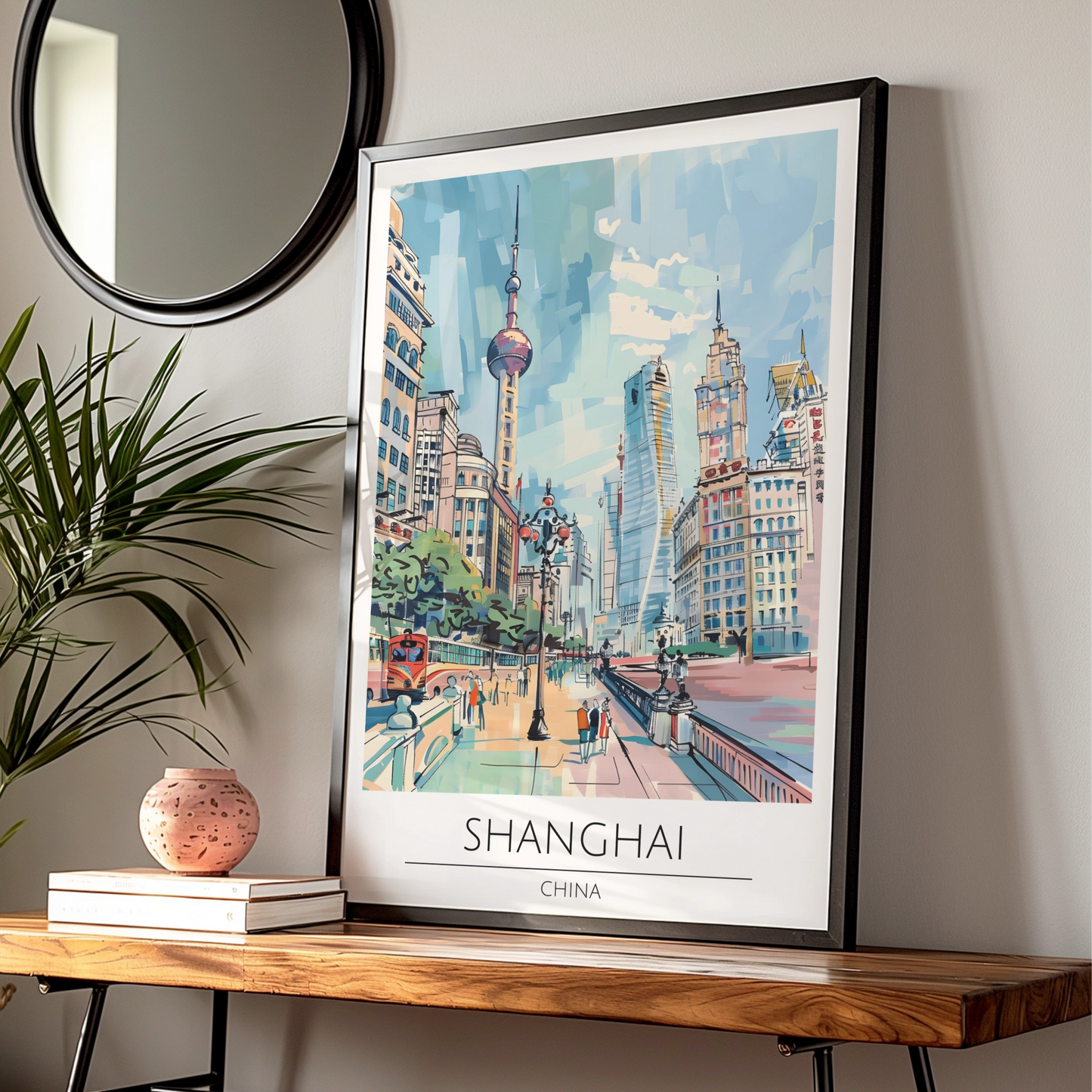 Shanghai Cityscape Poster, Vintage Travel Art, Colourful Urban Wall Art, Scenic Landscape Print