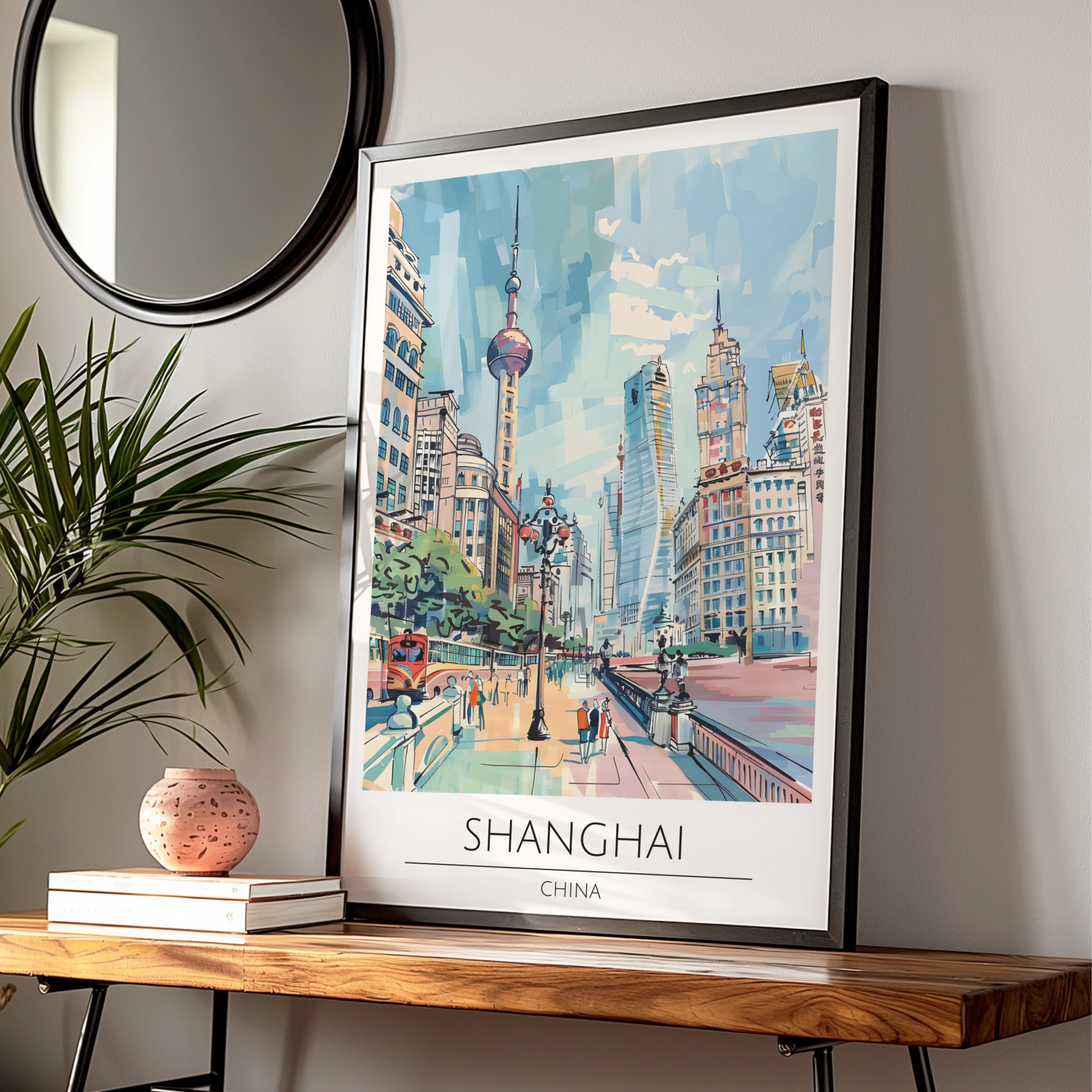 Shanghai Cityscape Poster, Vintage Travel Art, Colourful Urban Wall Art, Scenic Landscape Print