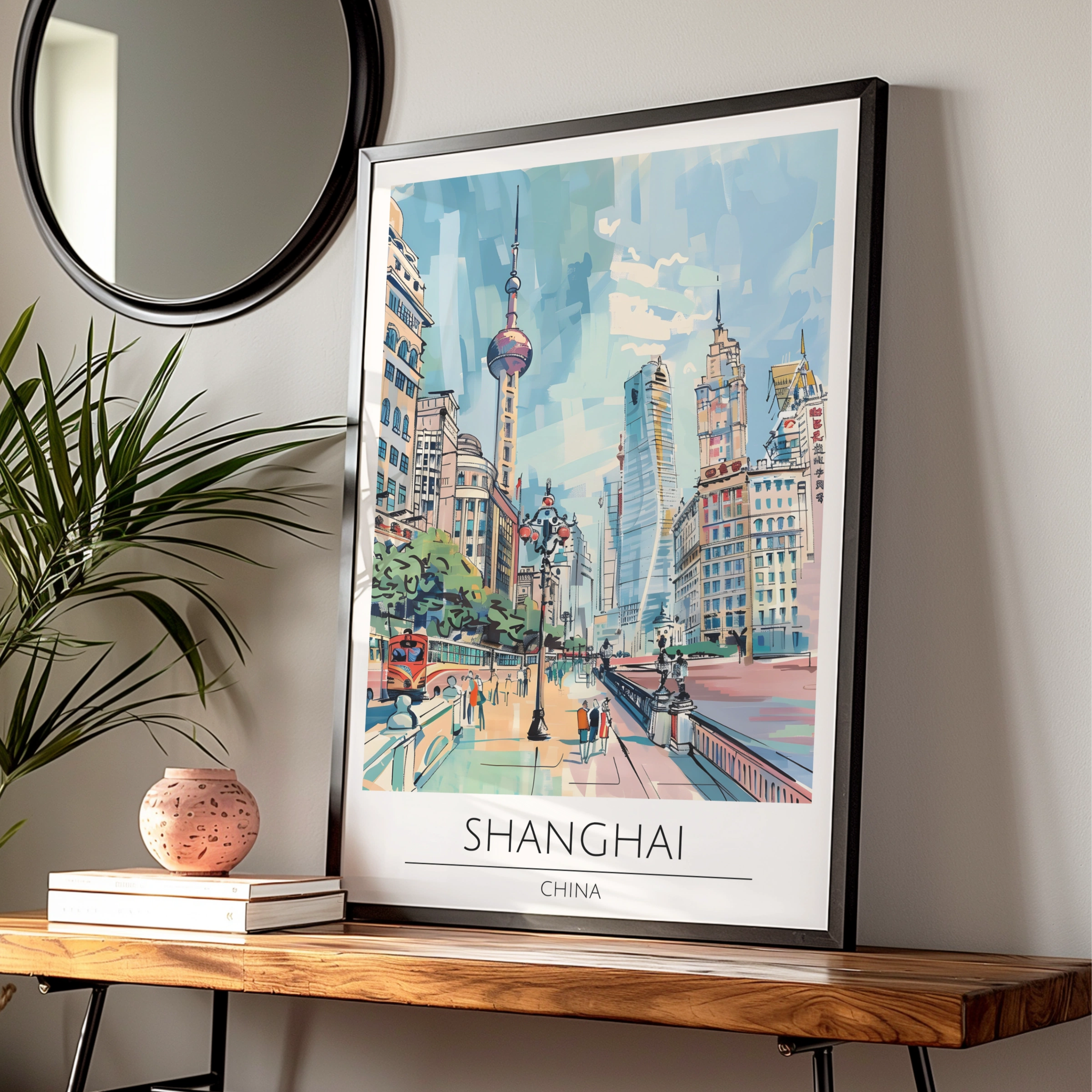 Shanghai Cityscape Poster, Vintage Travel Art, Colourful Urban Wall Art, Scenic Landscape Print
