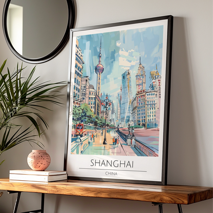 Shanghai Cityscape Poster, Vintage Travel Art, Colourful Urban Wall Art, Scenic Landscape Print