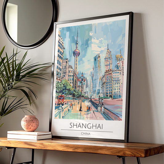 Shanghai Cityscape Poster, Vintage Travel Art, Colourful Urban Wall Art, Scenic Landscape Print