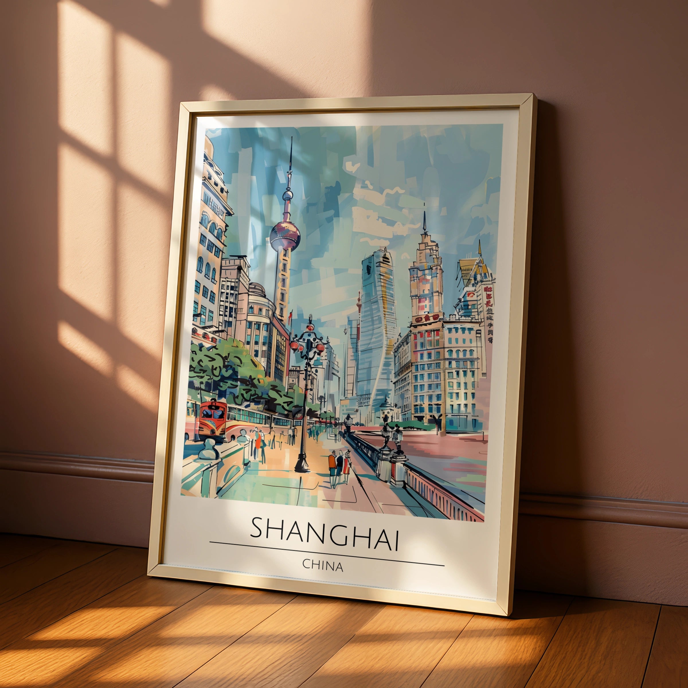 Shanghai Cityscape Poster, Vintage Travel Art, Colourful Urban Wall Art, Scenic Landscape Print