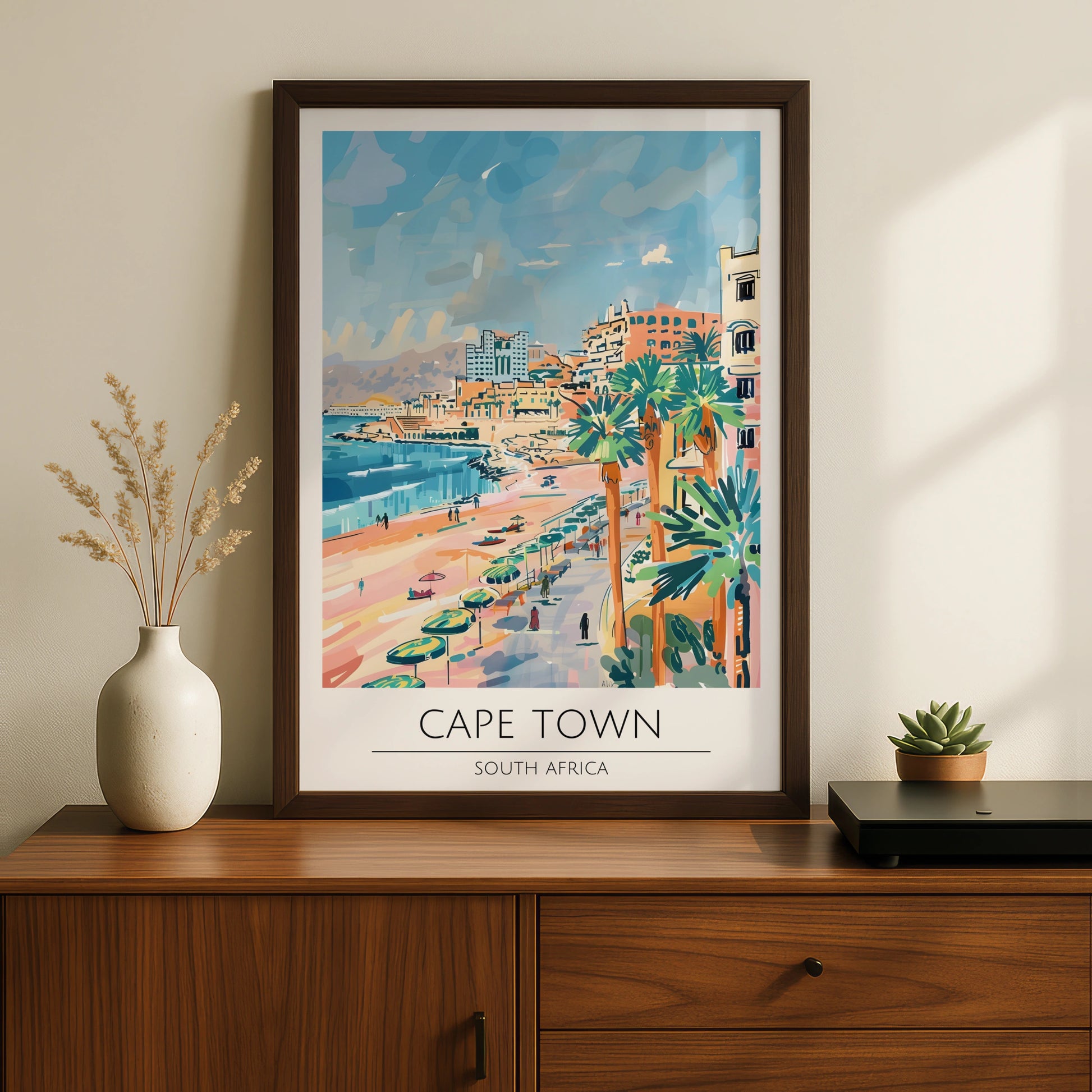 Cape Town Poster, South Africa Wall Art, Coastal Landscape Print, Colourful Beach Scene, Maximalist