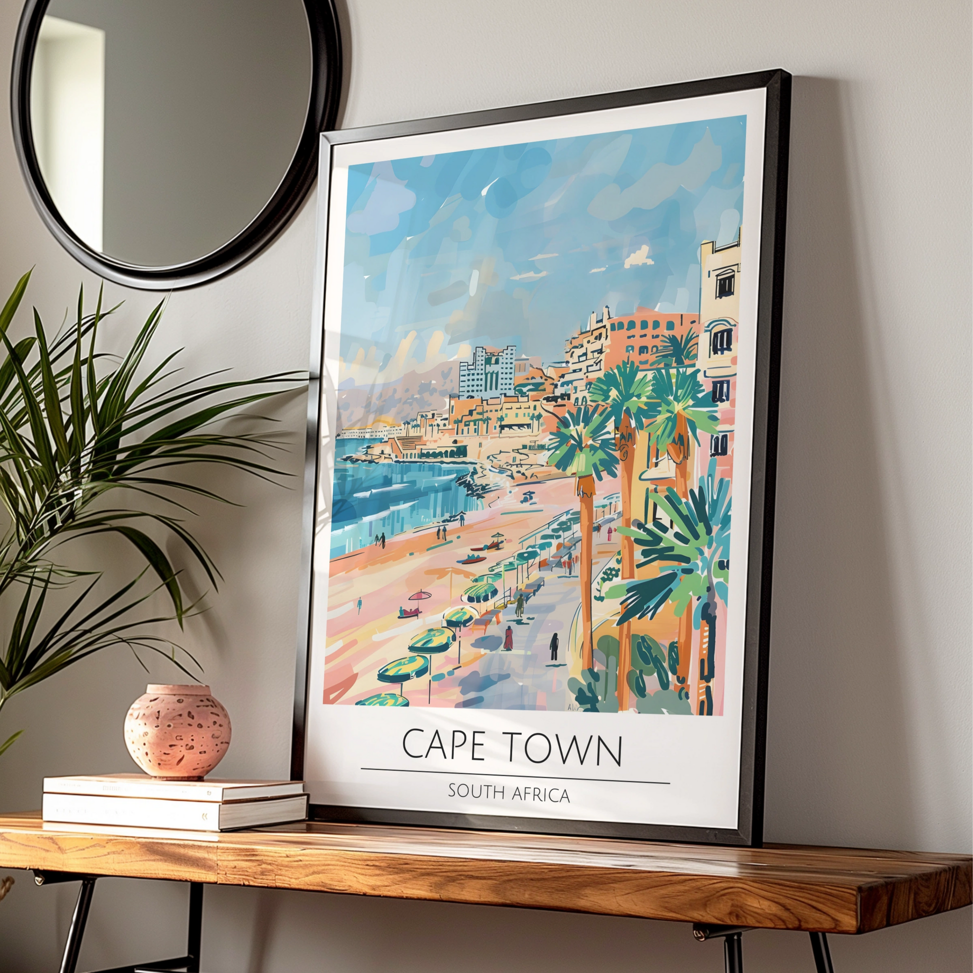 Cape Town Poster, South Africa Wall Art, Coastal Landscape Print, Colourful Beach Scene, Maximalist