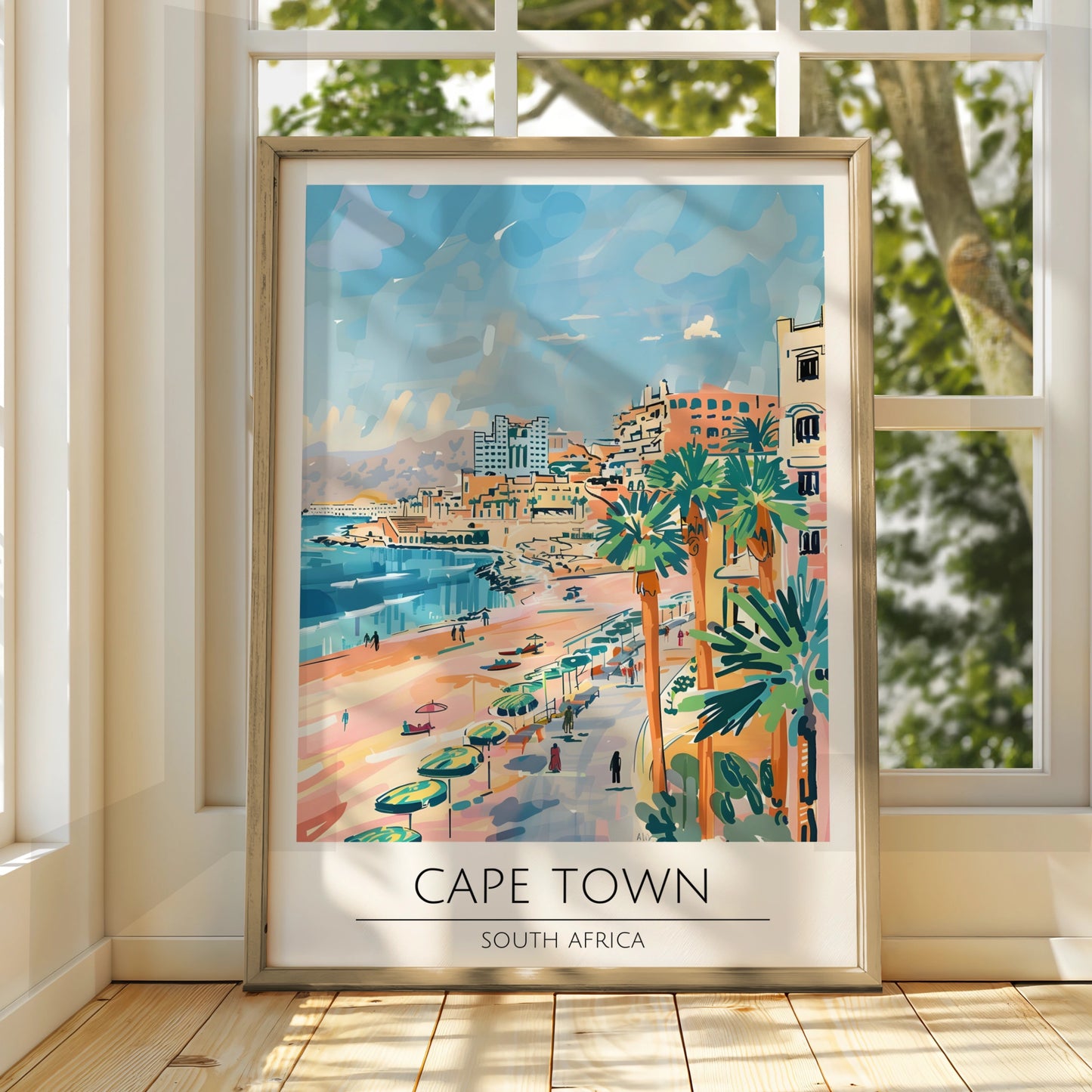 Cape Town Poster, South Africa Wall Art, Coastal Landscape Print, Colourful Beach Scene, Maximalist