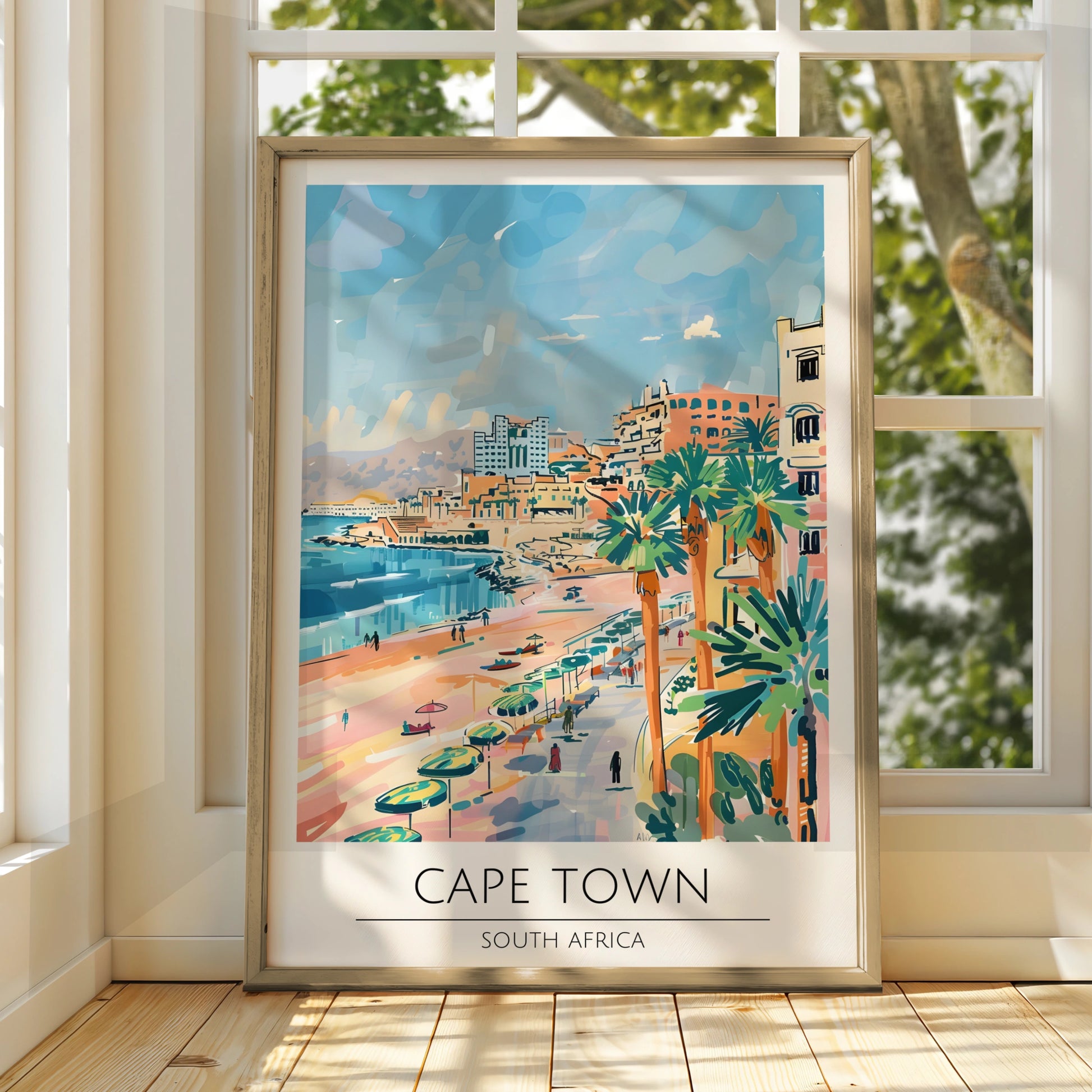 Cape Town Poster, South Africa Wall Art, Coastal Landscape Print, Colourful Beach Scene, Maximalist