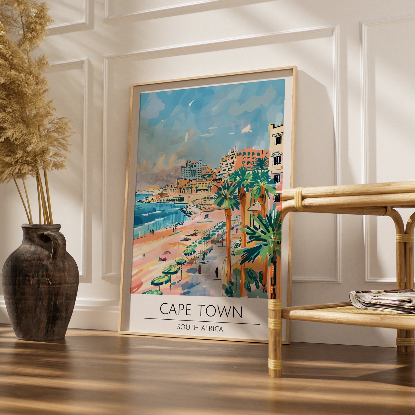 Cape Town Poster, South Africa Wall Art, Coastal Landscape Print, Colourful Beach Scene, Maximalist