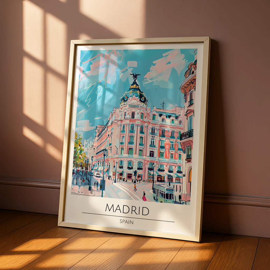 Vibrant Madrid Cityscape Poster, Colourful Spanish Architecture, Urban Art Print, Travel Decor