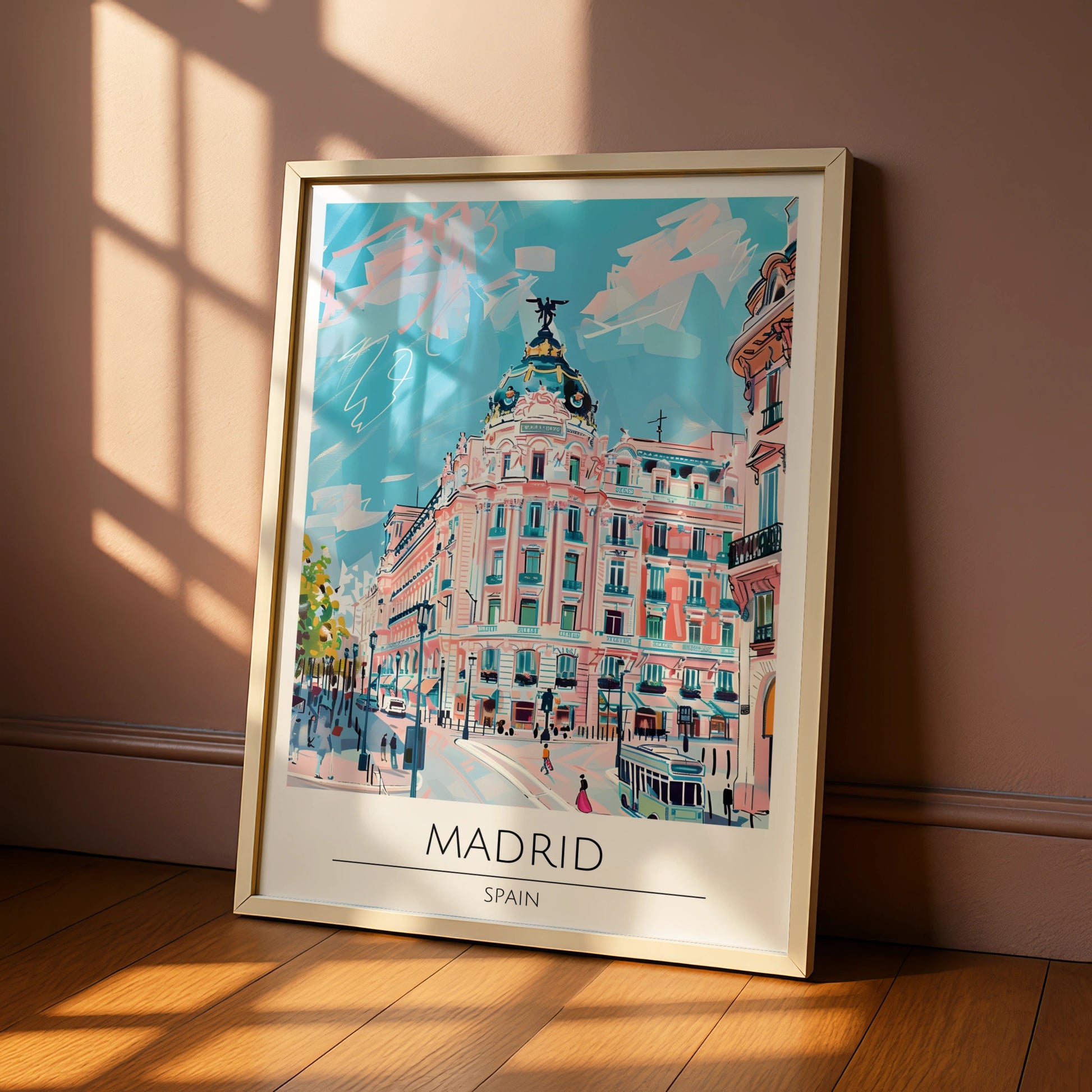 Vibrant Madrid Cityscape Poster, Colourful Spanish Architecture, Urban Art Print, Travel Decor