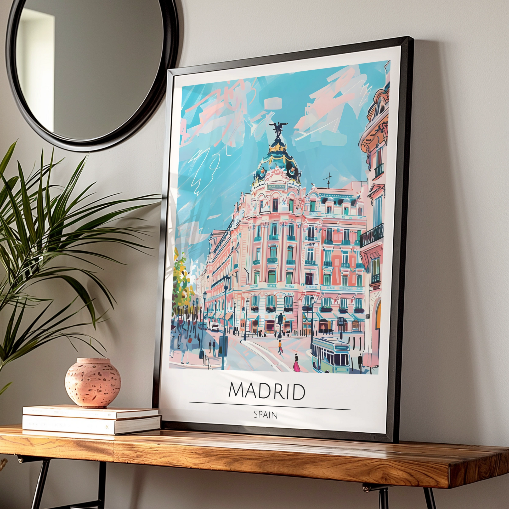 Vibrant Madrid Cityscape Poster, Colourful Spanish Architecture, Urban Art Print, Travel Decor