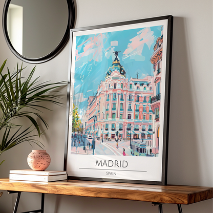 Vibrant Madrid Cityscape Poster, Colourful Spanish Architecture, Urban Art Print, Travel Decor