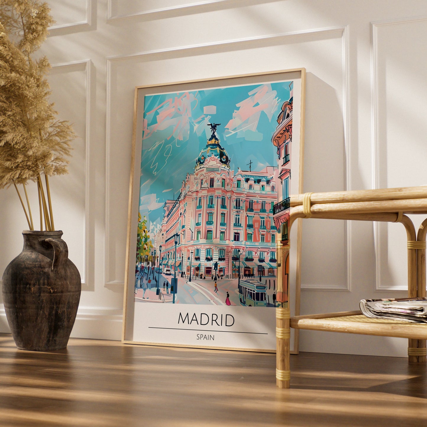 Vibrant Madrid Cityscape Poster, Colourful Spanish Architecture, Urban Art Print, Travel Decor