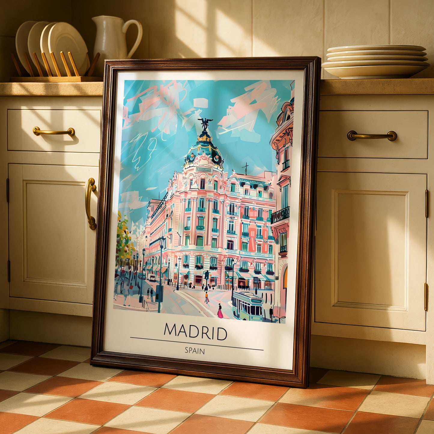 Vibrant Madrid Cityscape Poster, Colourful Spanish Architecture, Urban Art Print, Travel Decor